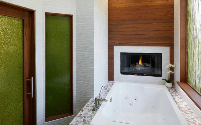 Modern bathroom with fireplace and jacuzzi tub.
