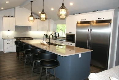 Modern kitchen with large island and stainless appliances
