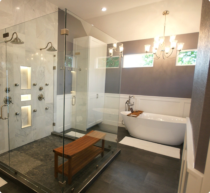 Modern bathroom with glass shower and bathtub
