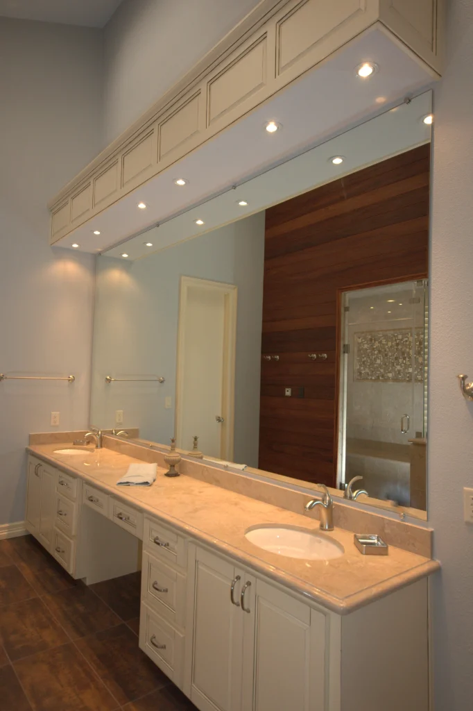 Modern bathroom with large mirror and dual sinks