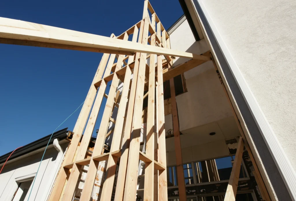 Wooden house frame construction in progress