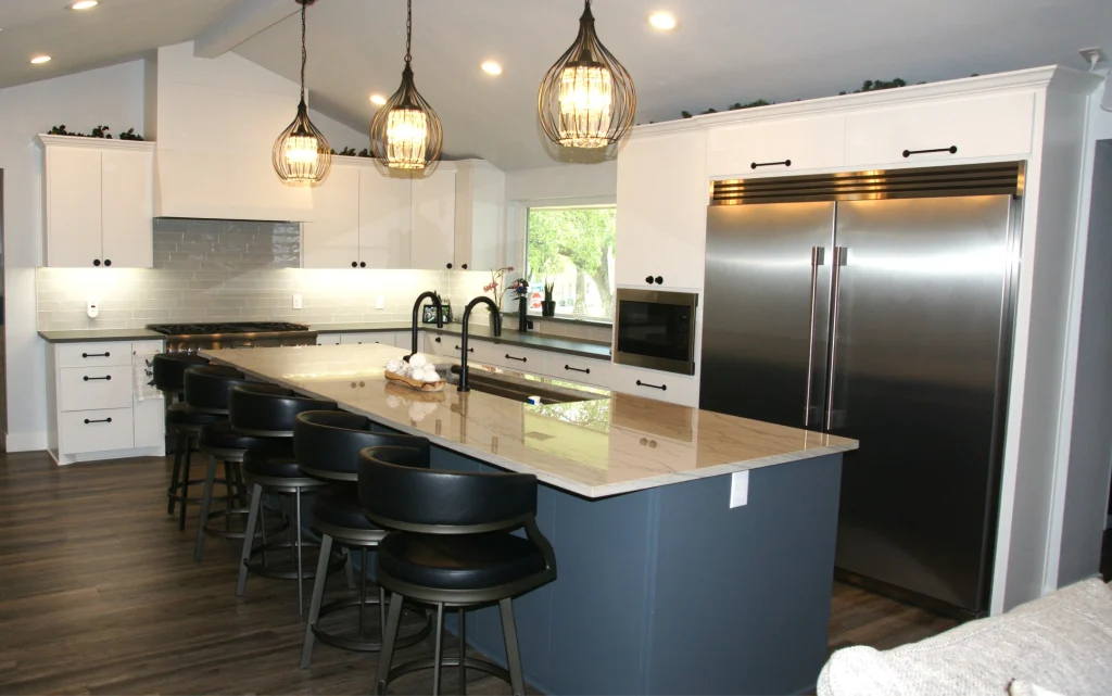 Modern kitchen design with island and lighting
