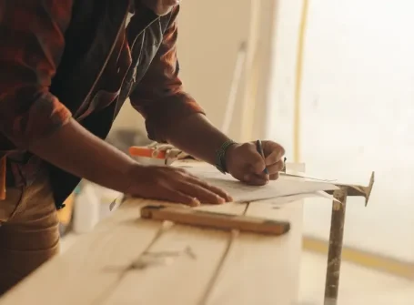 Construction expert marking blueprints