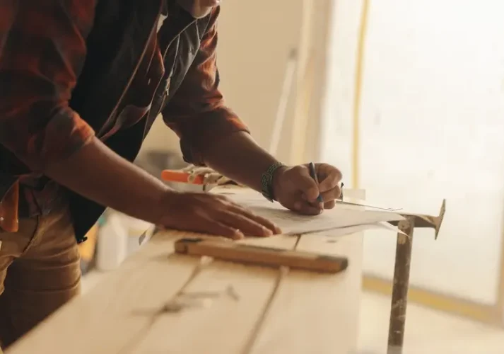Construction expert marking blueprints