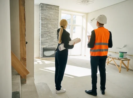 Female client and male engineer standing in room under construction